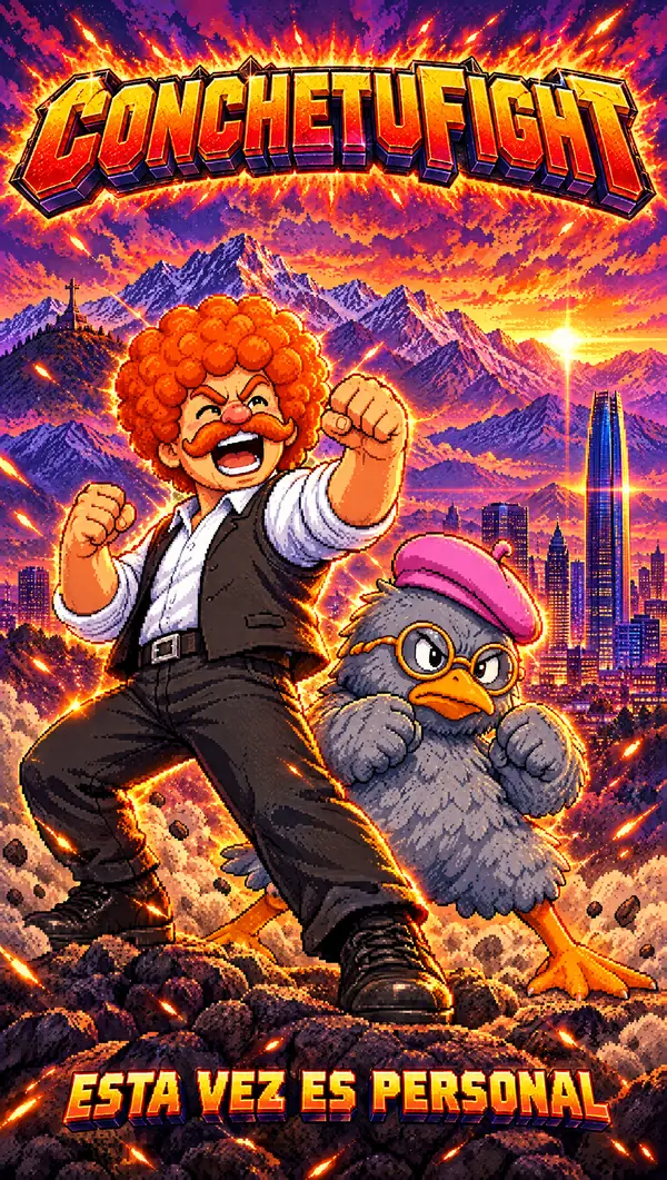 Póster: el Profesor Rossa y Guru Guru frente a Santiago al atardecer. Esta vez es personal
