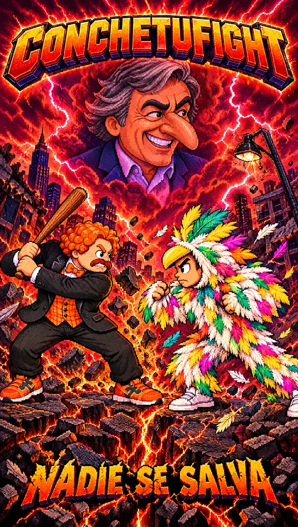 Póster: Salomón y Tutu Tutu peleando en pleno terremoto con Kike Morandé en el cielo. Nadie se salva