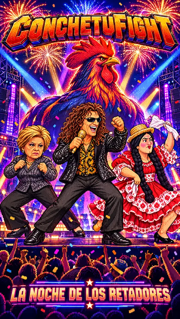 Póster: Leo Rey, Paty Cofré y Rupertina en un escenario con un gallo gigante. La noche de los retadores