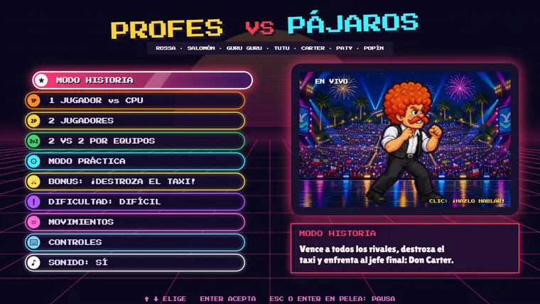 Menú antiguo con el nombre Profes vs Pájaros